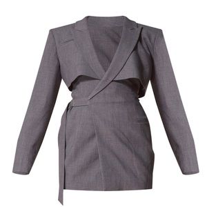 NWT, PrettyLittleThing, PLT Label Tie Side Detail Blazer Dress, Charcoal, USA10